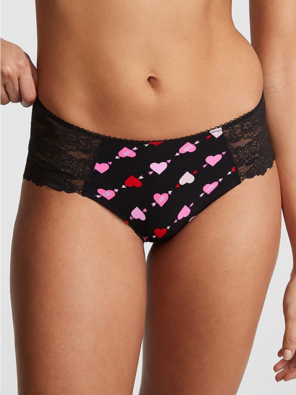 PINK Victoria's Secret Black Hipster Panty with Pink & Red Heart Print